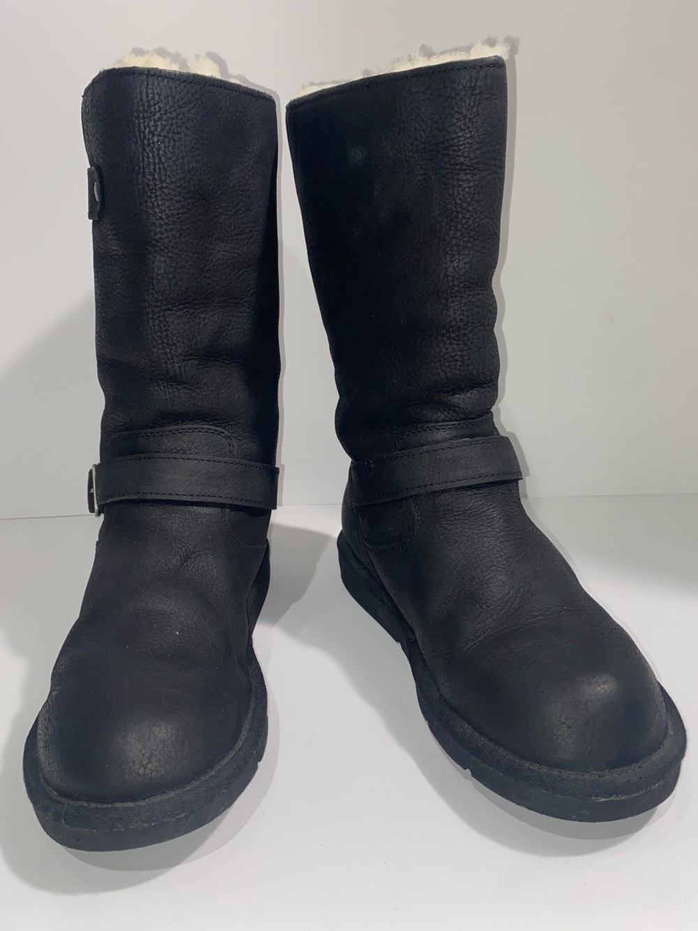 UGG Kensington,Black Leather Mid-Calf Boots with Buckle Straps Size 9
